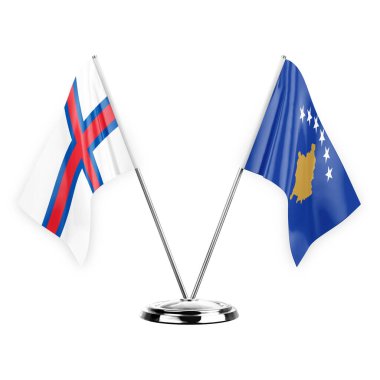 Two table flags isolated on white background 3d illustration, faroe islands and kosovo