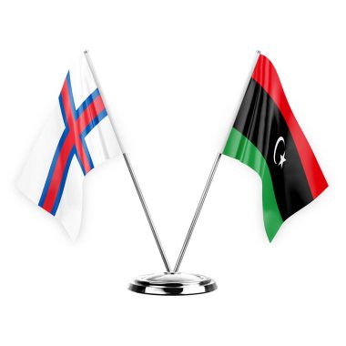 Two table flags isolated on white background 3d illustration, faroe islands and libya