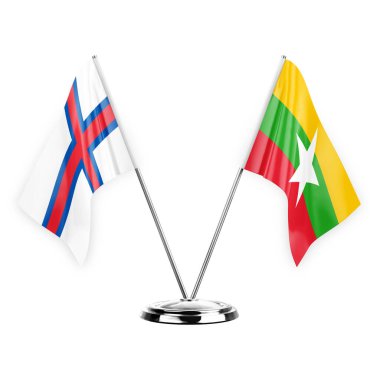 Two table flags isolated on white background 3d illustration, faroe islands and myanmar