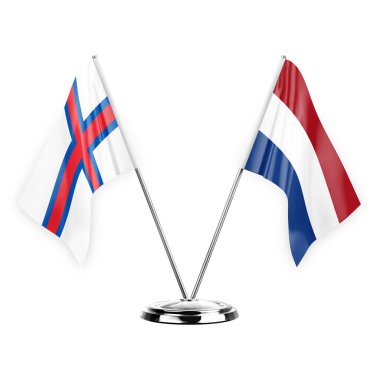Two table flags isolated on white background 3d illustration, faroe islands and netherlands