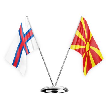 Two table flags isolated on white background 3d illustration, faroe islands and north macedonia