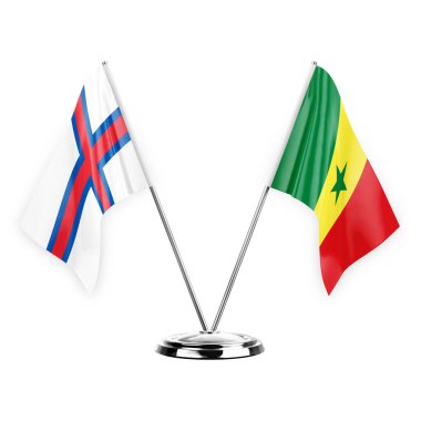 Two table flags isolated on white background 3d illustration, faroe islands and senegal