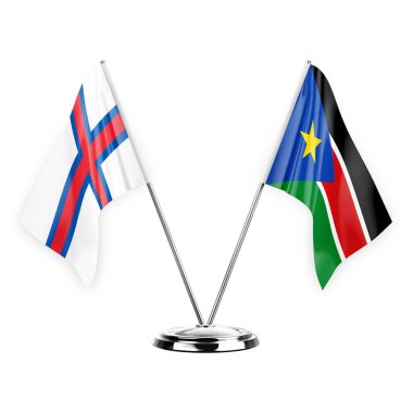 Two table flags isolated on white background 3d illustration, faroe islands and south sudan