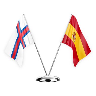 Two table flags isolated on white background 3d illustration, faroe islands and spain