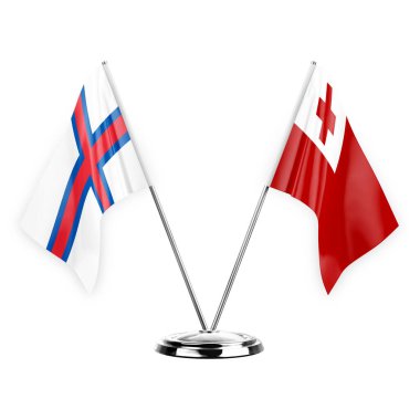 Two table flags isolated on white background 3d illustration, faroe islands and tonga