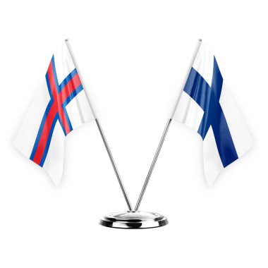 Two table flags isolated on white background 3d illustration, faroe islands and finland