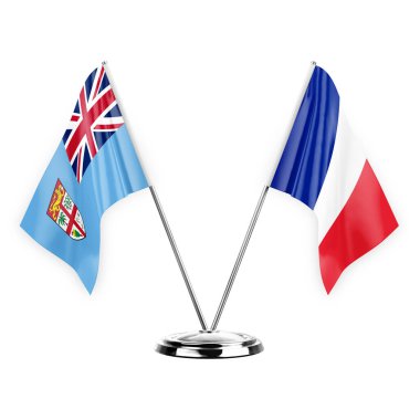 Two table flags isolated on white background 3d illustration, fiji and france