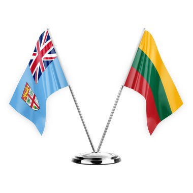 Two table flags isolated on white background 3d illustration, fiji and lithuania
