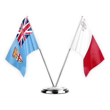 Two table flags isolated on white background 3d illustration, fiji and malta