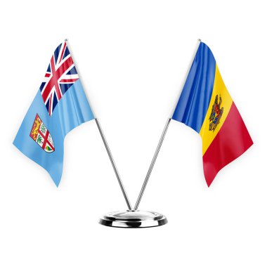 Two table flags isolated on white background 3d illustration, fiji and moldova