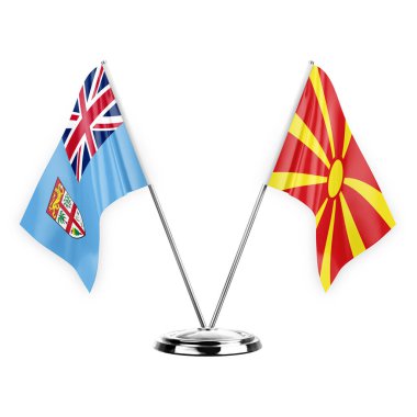 Two table flags isolated on white background 3d illustration, fiji and north macedonia