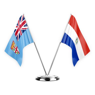 Two table flags isolated on white background 3d illustration, fiji and paraguay