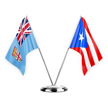 Two table flags isolated on white background 3d illustration, fiji and puerto rico