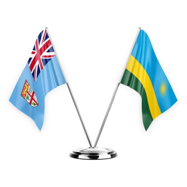 Two table flags isolated on white background 3d illustration, fiji and rwanda