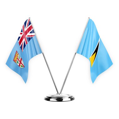 Two table flags isolated on white background 3d illustration, fiji and saint lucia
