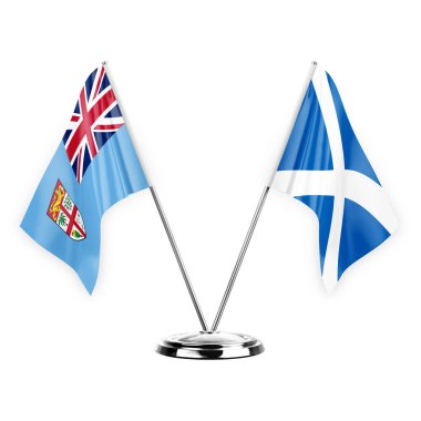 Two table flags isolated on white background 3d illustration, fiji and scotland