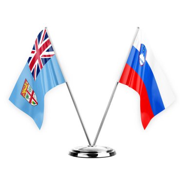 Two table flags isolated on white background 3d illustration, fiji and slovenia
