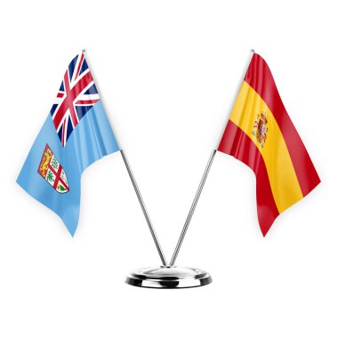 Two table flags isolated on white background 3d illustration, fiji and spain