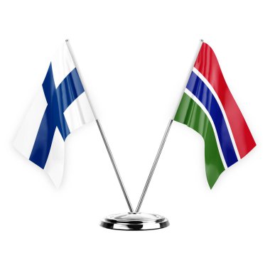 Two table flags isolated on white background 3d illustration, finland and gambia