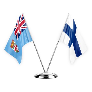 Two table flags isolated on white background 3d illustration, fiji and finland