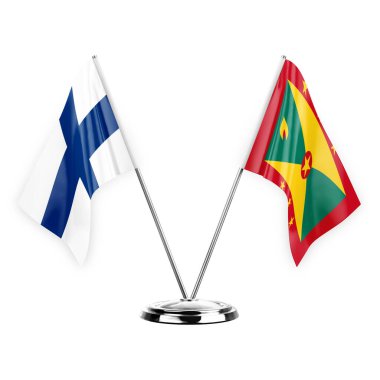 Two table flags isolated on white background 3d illustration, finland and grenada