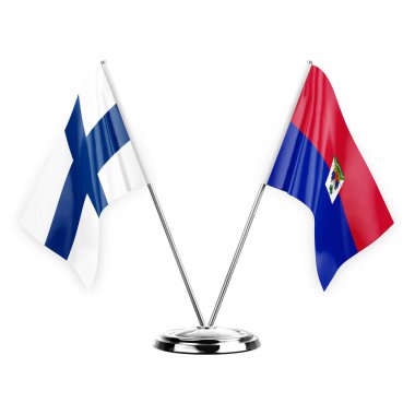Two table flags isolated on white background 3d illustration, finland and haiti