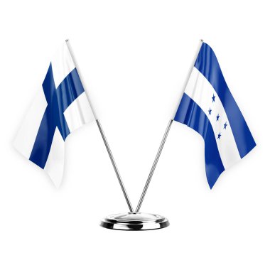 Two table flags isolated on white background 3d illustration, finland and honduras