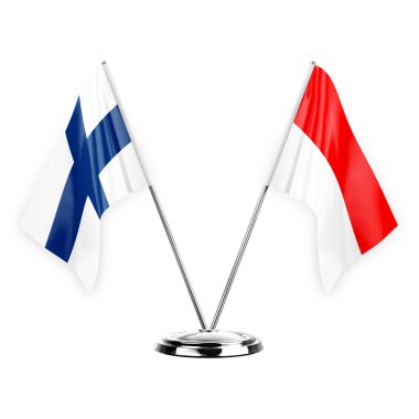 Two table flags isolated on white background 3d illustration, finland and indonesia