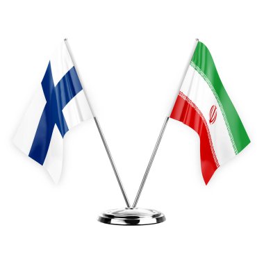 Two table flags isolated on white background 3d illustration, finland and iran