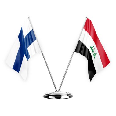 Two table flags isolated on white background 3d illustration, finland and iraq