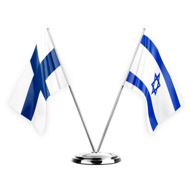 Two table flags isolated on white background 3d illustration, finland and israel