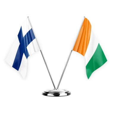 Two table flags isolated on white background 3d illustration, finland and ivory coast