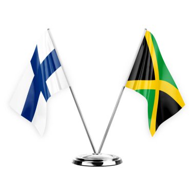 Two table flags isolated on white background 3d illustration, finland and jamaica