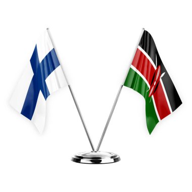 Two table flags isolated on white background 3d illustration, finland and kenya