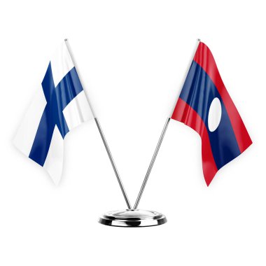 Two table flags isolated on white background 3d illustration, finland and laos
