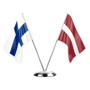 Two table flags isolated on white background 3d illustration, finland and latvia