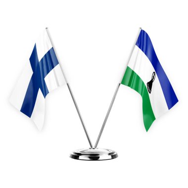 Two table flags isolated on white background 3d illustration, finland and lesotho