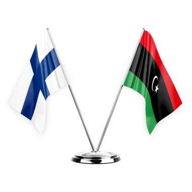 Two table flags isolated on white background 3d illustration, finland and libya