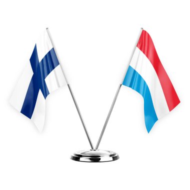 Two table flags isolated on white background 3d illustration, finland and luxembourg
