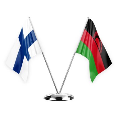 Two table flags isolated on white background 3d illustration, finland and malawi