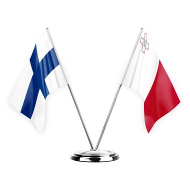 Two table flags isolated on white background 3d illustration, finland and malta