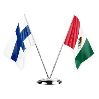 Two table flags isolated on white background 3d illustration, finland and mexico