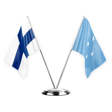 Two table flags isolated on white background 3d illustration, finland and micronesia