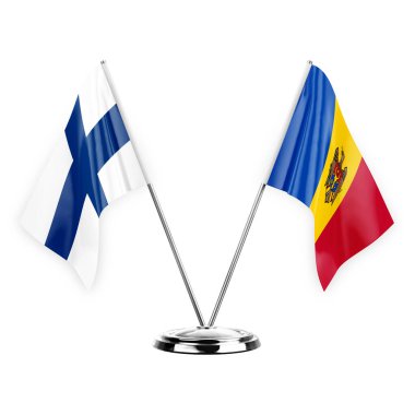 Two table flags isolated on white background 3d illustration, finland and moldova