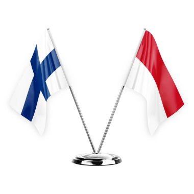 Two table flags isolated on white background 3d illustration, finland and monaco