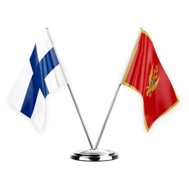 Two table flags isolated on white background 3d illustration, finland and montenegro