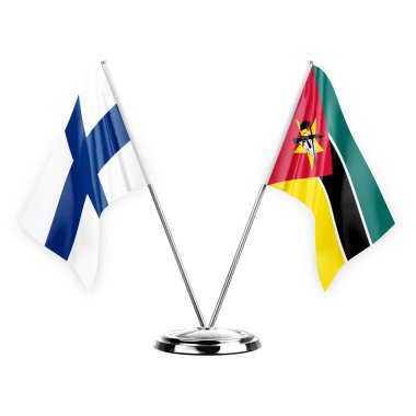 Two table flags isolated on white background 3d illustration, finland and mozambique