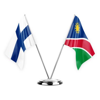 Two table flags isolated on white background 3d illustration, finland and namibia
