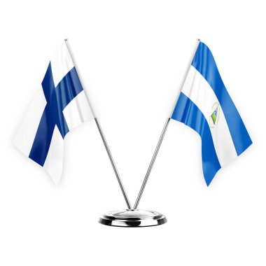 Two table flags isolated on white background 3d illustration, finland and nicaragua