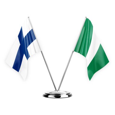 Two table flags isolated on white background 3d illustration, finland and nigeria